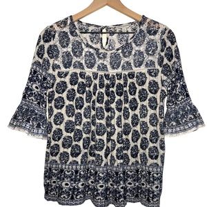Lucky Brand Blue Patterned Tunic Peasant 3/4 Sleeve Top